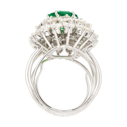3.19 Carat Oval Cut Emerald Minor Oil & Diamond Cluster Platinum Vintage Ring