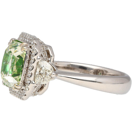 4.26 Carat Radiant Cut Fancy Yellowish Green SI1 Clarity Diamond Ring