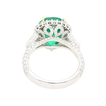 5.12 Carat Pear Cut Colombian Emerald Ring with Baguette Diamond Sides in 18K Gold