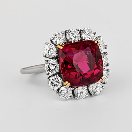 7.25 Carat No Heat Cushion Cut Ruby & Diamond Halo Platinum 18K Gold Ring