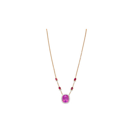 AGL Certified 10.26 Carat Cushion Cut Pink Sapphire, Ruby, & Diamond Necklace