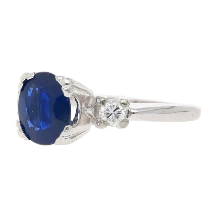 GIA Cert. 1.85 Carat Oval Blue Sapphire & Diamond 14K White Gold 3 Stone Ring