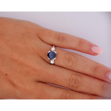 GIA Cert. 1.85 Carat Oval Blue Sapphire & Diamond 14K White Gold 3 Stone Ring
