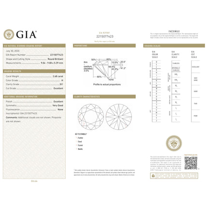 GIA Certified 2.68 Carat Round Cut H Color SI1 Clarity Loose Diamond