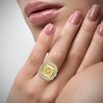 GIA 10.88 Carat Radiant Cut Fancy Yellow Diamond Double Halo Ring