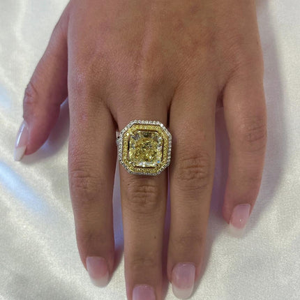 GIA 10.88 Carat Radiant Cut Fancy Yellow Diamond Double Halo Ring