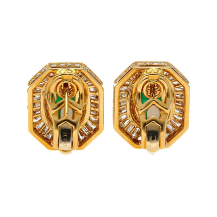 Mouawad Signed Vivid Cabochon Emeralds & Baguette Diamond Halo Clip On Earrings