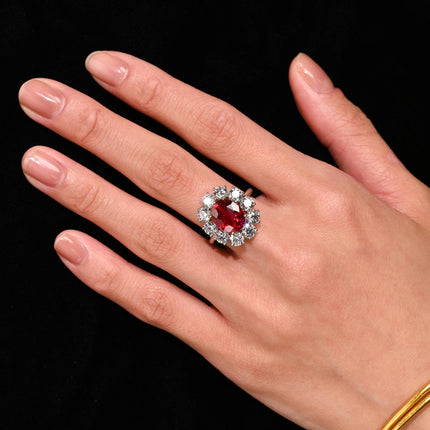 Rare Vivid Red 5.81 Carat Oval Cut Siam Ruby & Diamond Halo Ring
