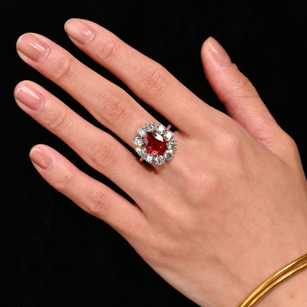 Rare Vivid Red 5.81 Carat Oval Cut Siam Ruby & Diamond Halo Ring