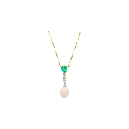 Vintage Natural Saltwater Conch Pearl & Emerald Drop 18K Gold Pendant Necklace