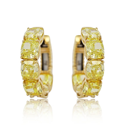 GIA 9.21 Carat Fancy Vivid Yellow Cushion Diamond Hoop Earrings in 18K Gold