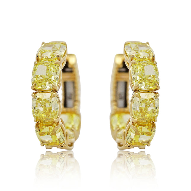 GIA 9.21 Carat Fancy Vivid Yellow Cushion Diamond Hoop Earrings in 18K Gold