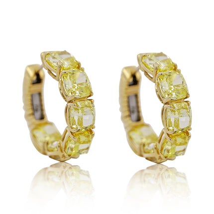 GIA 9.21 Carat Fancy Vivid Yellow Cushion Diamond Hoop Earrings in 18K Gold