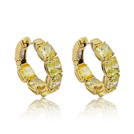 GIA 9.21 Carat Fancy Vivid Yellow Cushion Diamond Hoop Earrings in 18K Gold