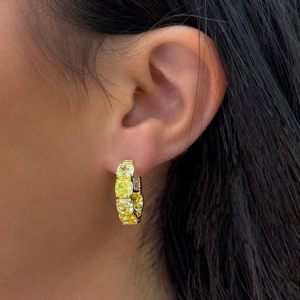 GIA 9.21 Carat Fancy Vivid Yellow Cushion Diamond Hoop Earrings in 18K Gold