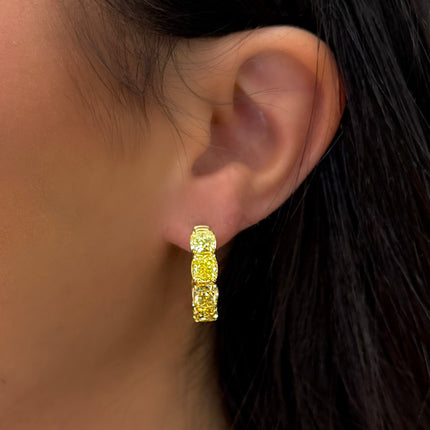 GIA 9.21 Carat Fancy Vivid Yellow Cushion Diamond Hoop Earrings in 18K Gold