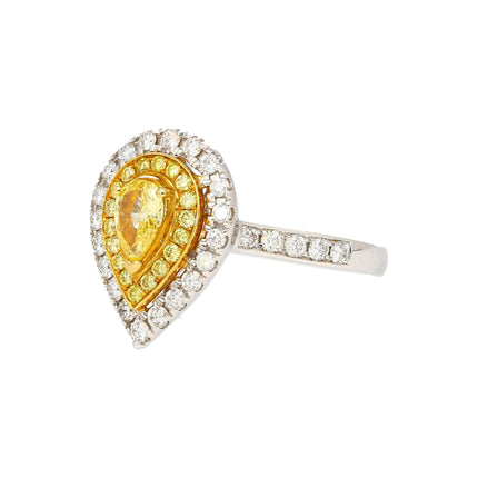0.38 Carat Pear Cut Fancy Vivid Yellow Diamond Double Halo Engagement Ring Two Tone-Time and Carat