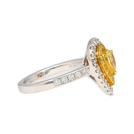 0.38 Carat Pear Cut Fancy Vivid Yellow Diamond Double Halo Engagement Ring Two Tone-Time and Carat