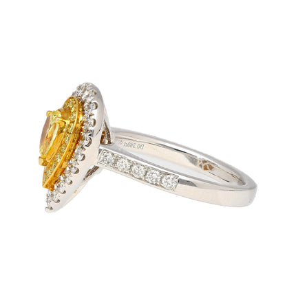 0.38 Carat Pear Cut Fancy Vivid Yellow Diamond Double Halo Engagement Ring Two Tone-Time and Carat