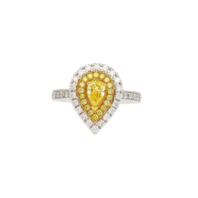 0.38 Carat Pear Cut Fancy Vivid Yellow Diamond Double Halo Engagement Ring Two Tone-Time and Carat