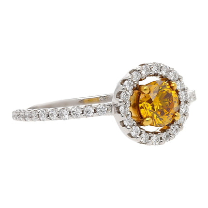 0.46 Carat Round Fancy Deep Orange Yellow Diamond Floating Halo Platinum Gold Engagement Ring-Time and Carat