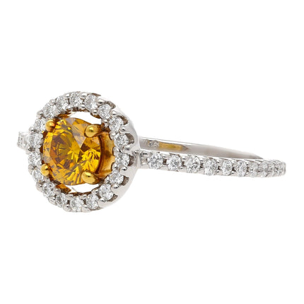 0.46 Carat Round Fancy Deep Orange Yellow Diamond Floating Halo Platinum Gold Engagement Ring-Time and Carat