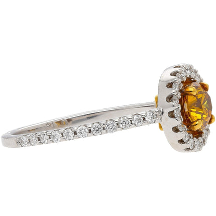 0.46 Carat Round Fancy Deep Orange Yellow Diamond Floating Halo Platinum Gold Engagement Ring-Time and Carat