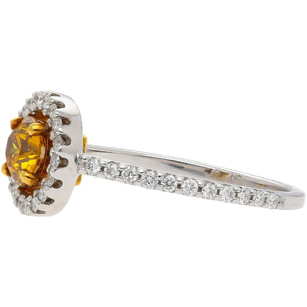 0.46 Carat Round Fancy Deep Orange Yellow Diamond Floating Halo Platinum Gold Engagement Ring-Time and Carat