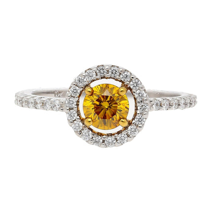 0.46 Carat Round Fancy Deep Orange Yellow Diamond Floating Halo Platinum Gold Engagement Ring-Time and Carat