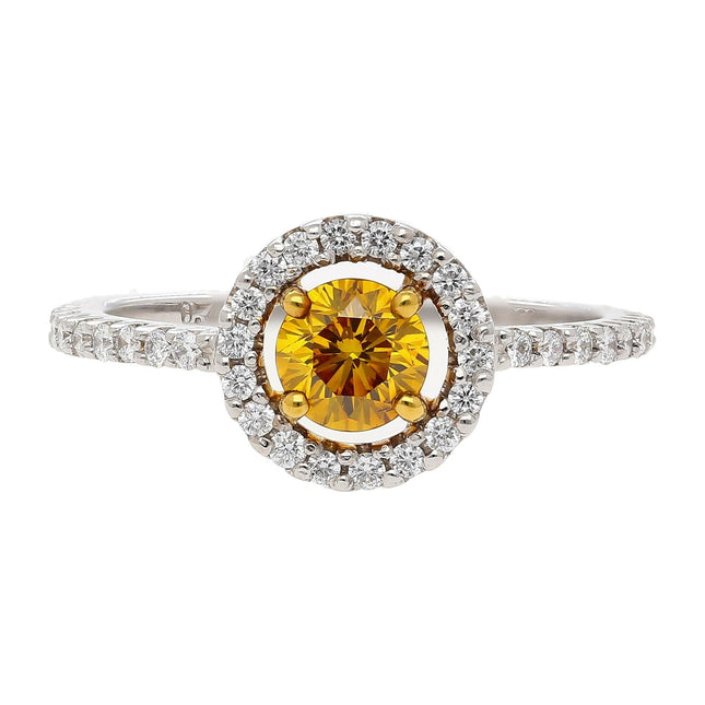 0.46 Carat Round Fancy Deep Orange Yellow Diamond Floating Halo Platinum Gold Engagement Ring-Time and Carat