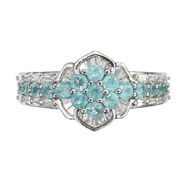 0.48 Carat Round Modified Brilliant Cut Brazilian Paraiba Tourmaline Baguette Diamond Cluster Ring Platinum Floral-Time and Carat