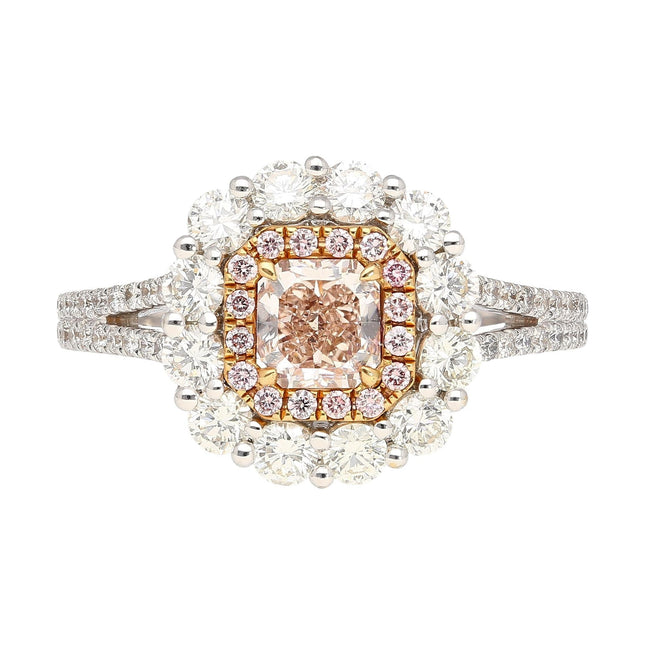 0.51 Carat Radiant Cut Fancy Light Brownish Pink Diamond White Pink Diamond Halo Ring-Time and Carat