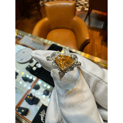 0.76 Carat Shield Cut Fancy Intense Yellow Orange Diamond Mixed Cut Diamond Ring 18K Gold-Time and Carat