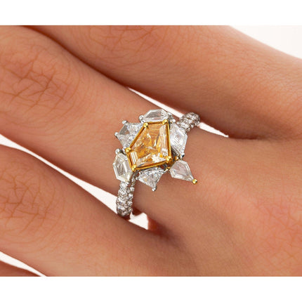 0.76 Carat Shield Cut Fancy Intense Yellow Orange Diamond Mixed Cut Diamond Ring 18K Gold-Time and Carat