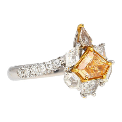 0.76 Carat Shield Cut Fancy Intense Yellow Orange Diamond Mixed Cut Diamond Ring 18K Gold-Time and Carat