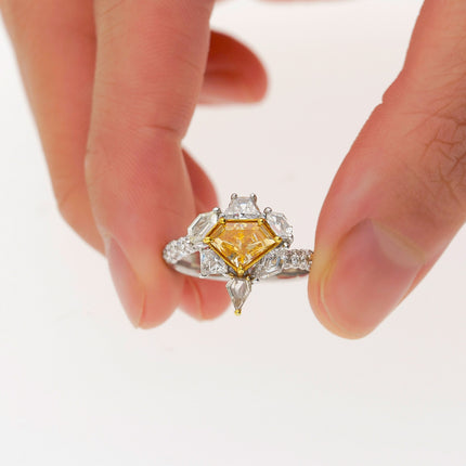 0.76 Carat Shield Cut Fancy Intense Yellow Orange Diamond Mixed Cut Diamond Ring 18K Gold-Time and Carat
