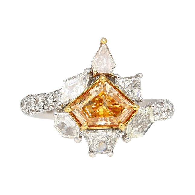 0.76 Carat Shield Cut Fancy Intense Yellow Orange Diamond Mixed Cut Diamond Ring 18K Gold-Time and Carat