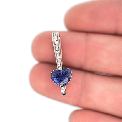 3.50 Carat Heart Cut Sri Lanka Blue Sapphire Diamond Channel Set Bail 18K White Gold Drop Pendant