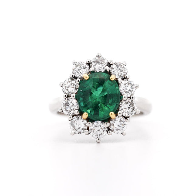 2.69 Carat Vivid Green Oval Emerald Round Diamond Cluster Halo Platinum Ring
