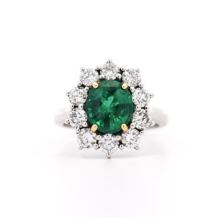 2.69ct Vivid Green Emerald Diamond Platinum Cluster Ring | GRS