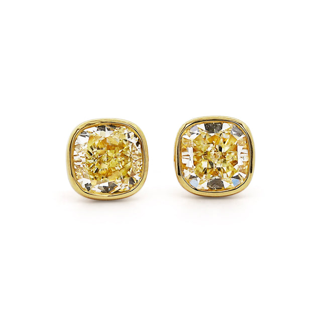 3.51ctw Fancy Light Yellow Cushion Bezel Stud Earrings 18K | EGL