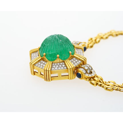 108.04 Carat Carved Ural Emerald Round Diamond Sapphire Pendant Necklace-Time and Carat