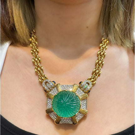 108.04 Carat Carved Ural Emerald Round Diamond Sapphire Pendant Necklace-Time and Carat