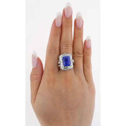 10.10 Carat Radiant No Heat Ceylon Sapphire Baguette Diamond Halo Ring Retro-Time and Carat