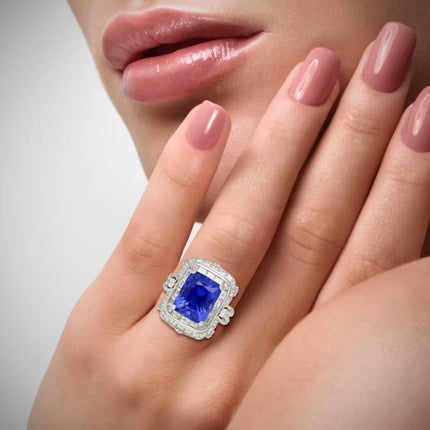 10.10 Carat Radiant No Heat Ceylon Sapphire Baguette Diamond Halo Ring Retro-Time and Carat