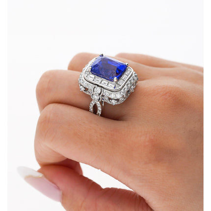 10.10 Carat Radiant No Heat Ceylon Sapphire Baguette Diamond Halo Ring Retro-Time and Carat