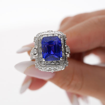 10.10 Carat Radiant No Heat Ceylon Sapphire Baguette Diamond Halo Ring Retro-Time and Carat