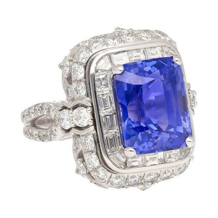 10.10 Carat Radiant No Heat Ceylon Sapphire Baguette Diamond Halo Ring Retro-Time and Carat