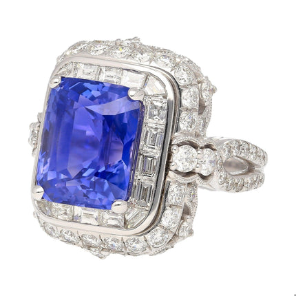 10.10 Carat Radiant No Heat Ceylon Sapphire Baguette Diamond Halo Ring Retro-Time and Carat