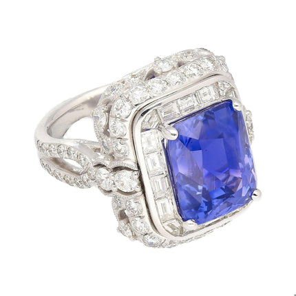 10.10 Carat Radiant No Heat Ceylon Sapphire Baguette Diamond Halo Ring Retro-Time and Carat